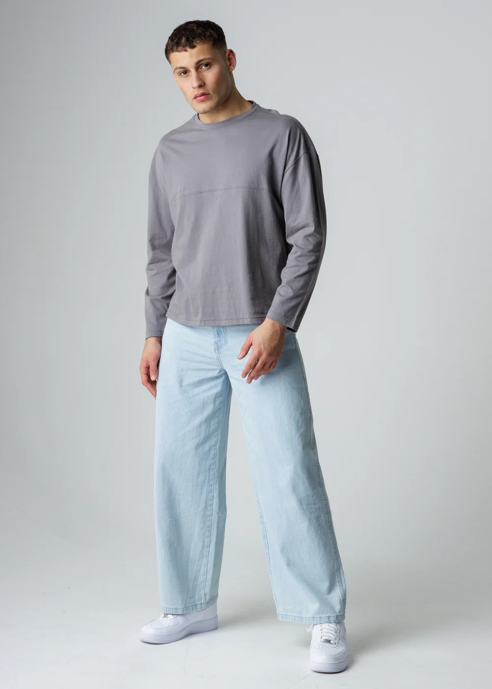 Influence Grey Cotton Crew Neck Seam Long Sleeve T-Shirt - L Image 1
