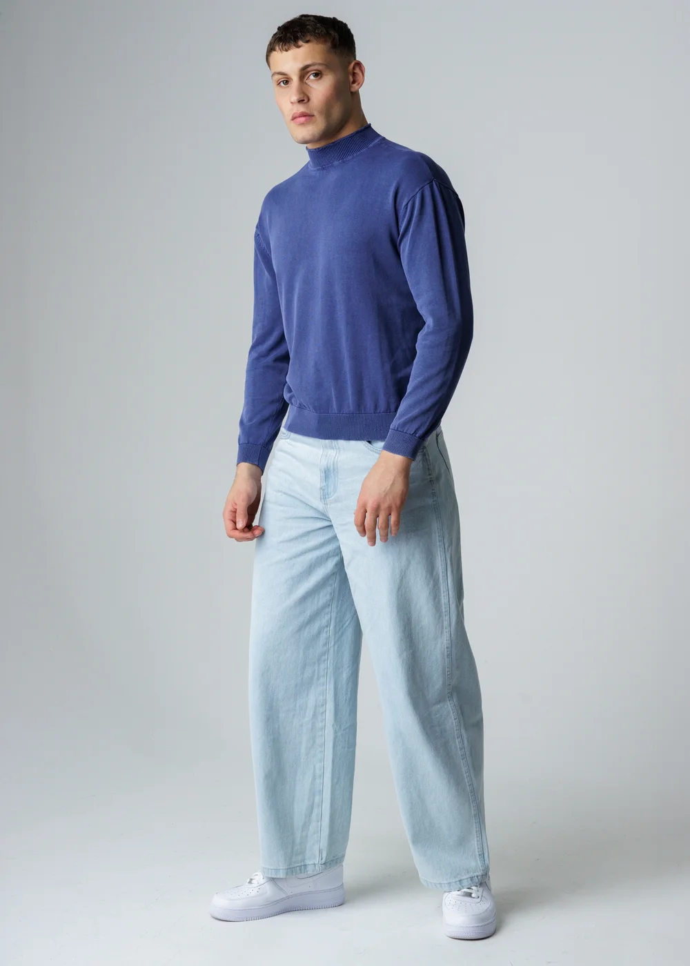 Influence Navy Cotton Acid Wash High Neck Long Sleeve Knit Jumper - S Image 4