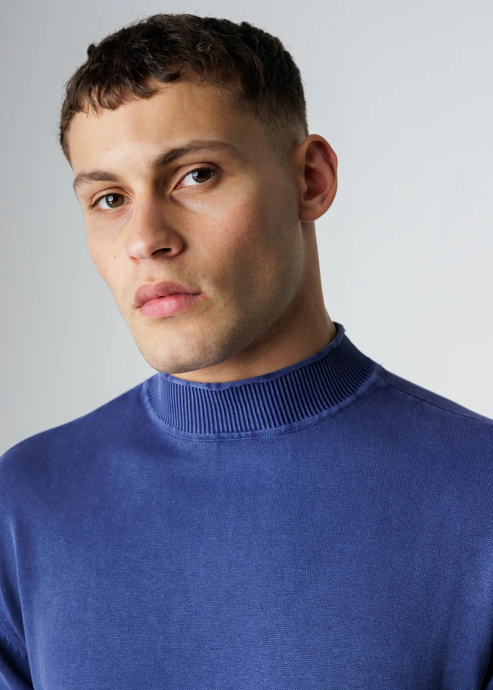 Influence Navy Cotton Acid Wash High Neck Long Sleeve Knit Jumper - S Image 3