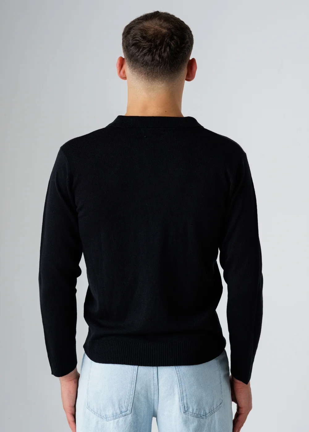 Influence Black Revere Collar V-Neck Polo-Style Long Sleeve Knit Jumper - S Image 2