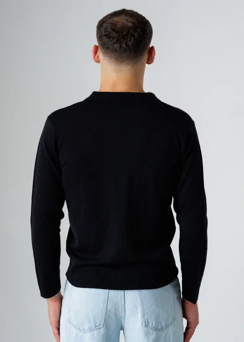 Influence Black Revere Collar V-Neck Polo-Style Long Sleeve Knit Jumper - S Image 2