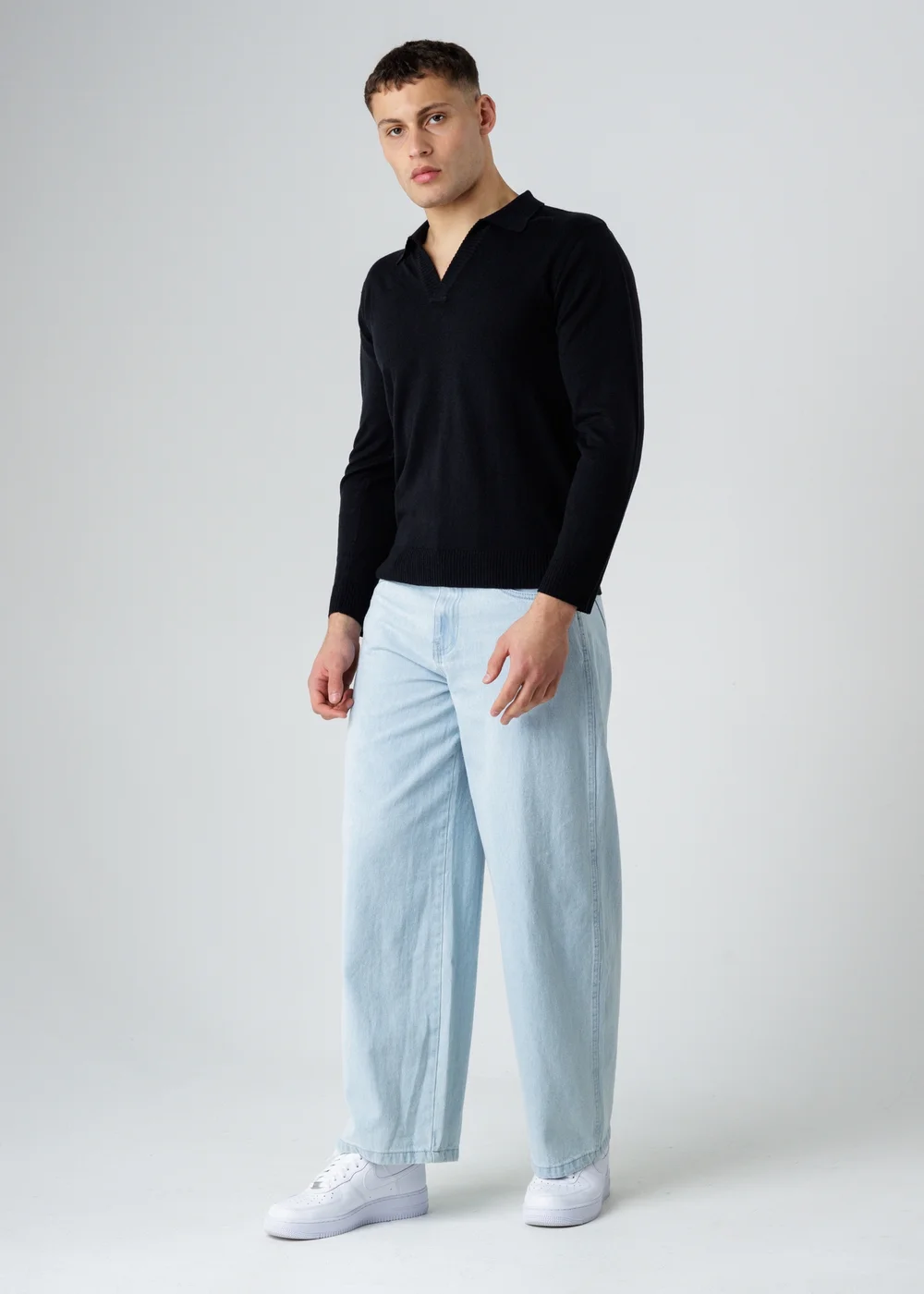 Influence Black Revere Collar V-Neck Polo-Style Long Sleeve Knit Jumper - S Image 4