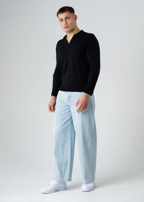 Influence Black Revere Collar V-Neck Polo-Style Long Sleeve Knit Jumper - S Image 4