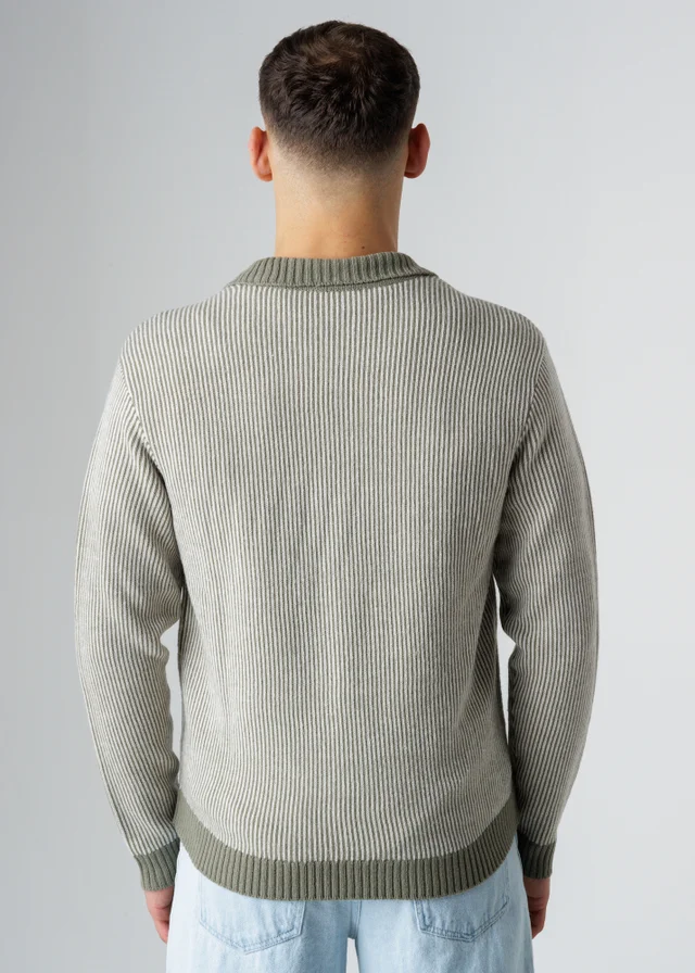 Influence Khaki Pinstripe Zip-Through Collared Knit Cardigan
