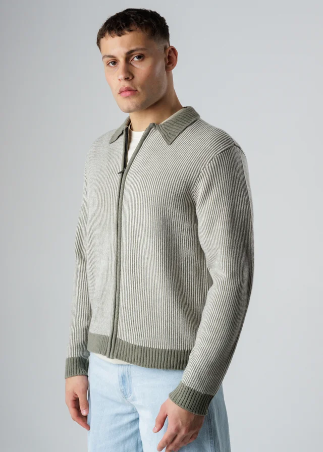Influence Khaki Pinstripe Zip-Through Collared Knit Cardigan