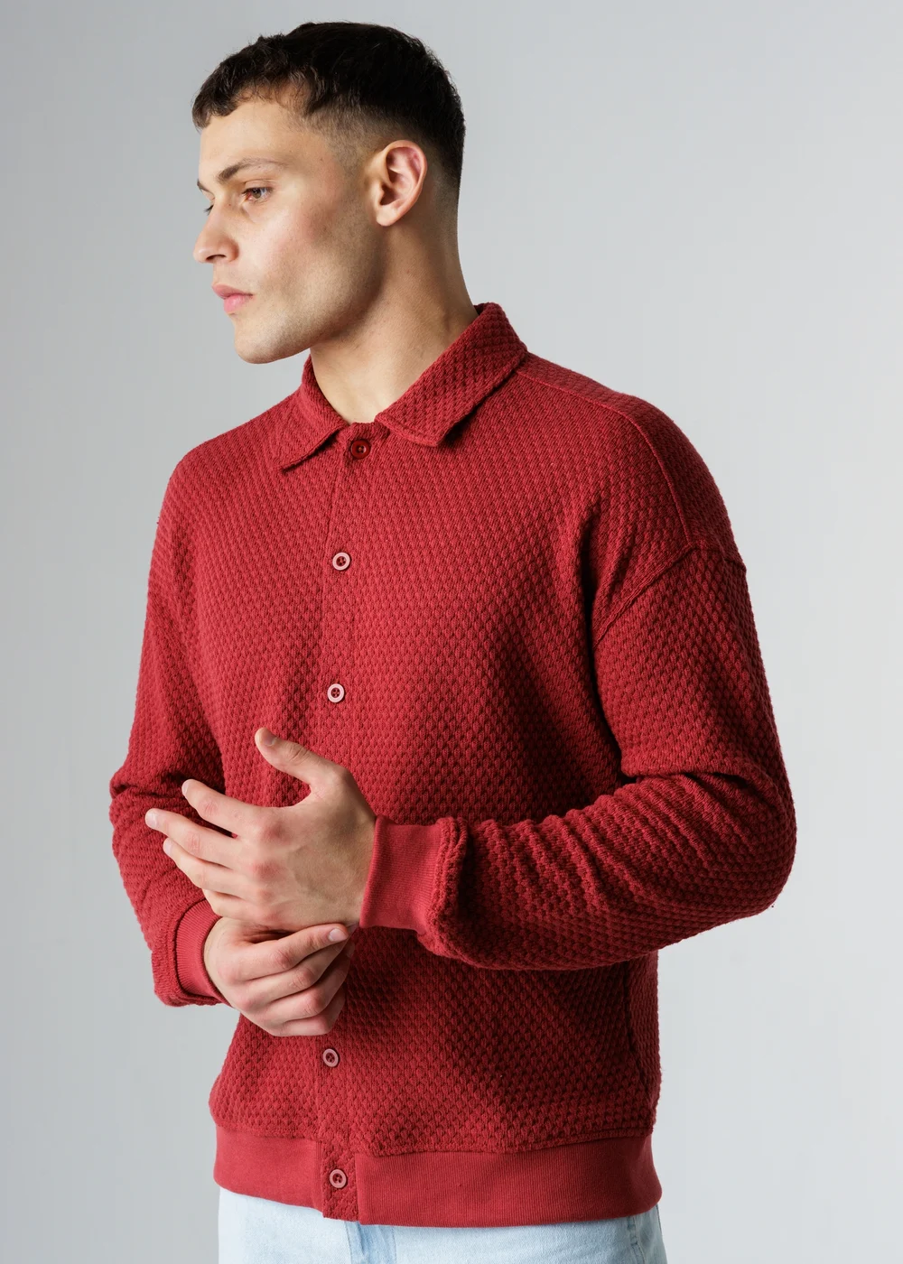 Influence Red Textured Polo-Style Knit Long Sleeve Button Overshirt - S Image 1