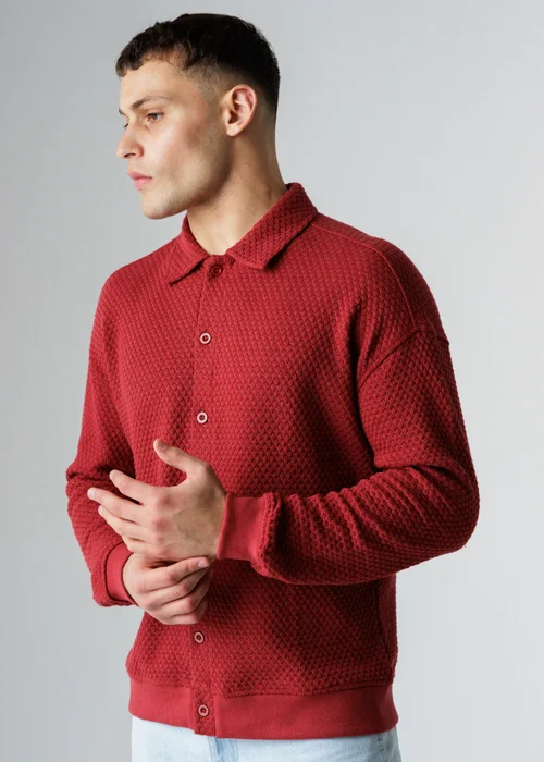 Influence Red Textured Polo-Style Knit Long Sleeve Button Overshirt - S Image 1