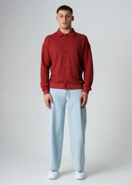 Influence Red Textured Polo-Style Knit Long Sleeve Button Overshirt - S Image 4