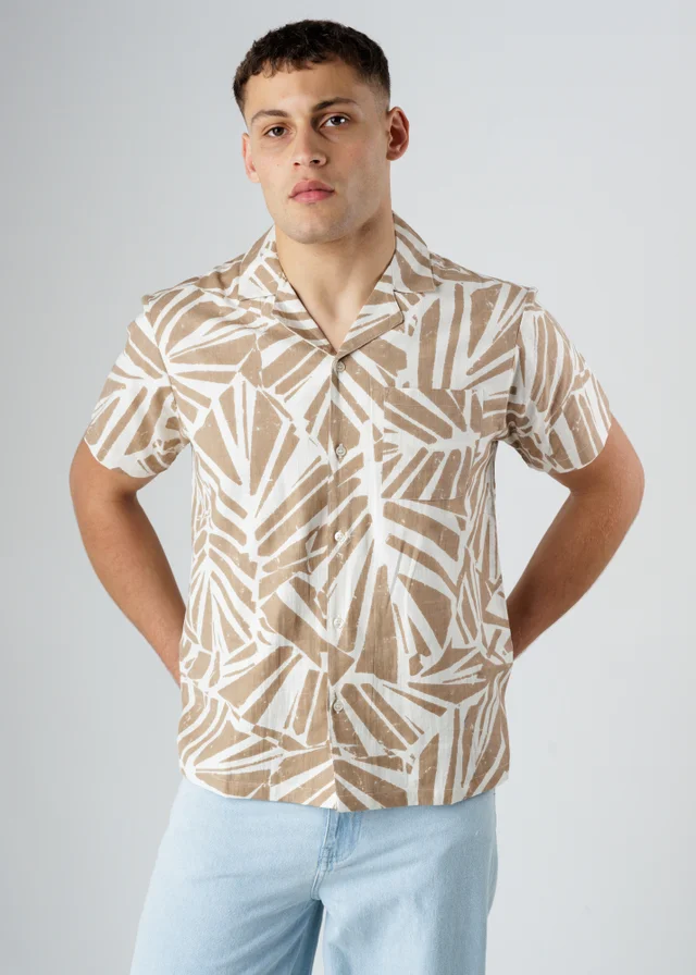 Influence Brown Cotton Linen Blend Tropical Print Short Sleeve Button Shirt