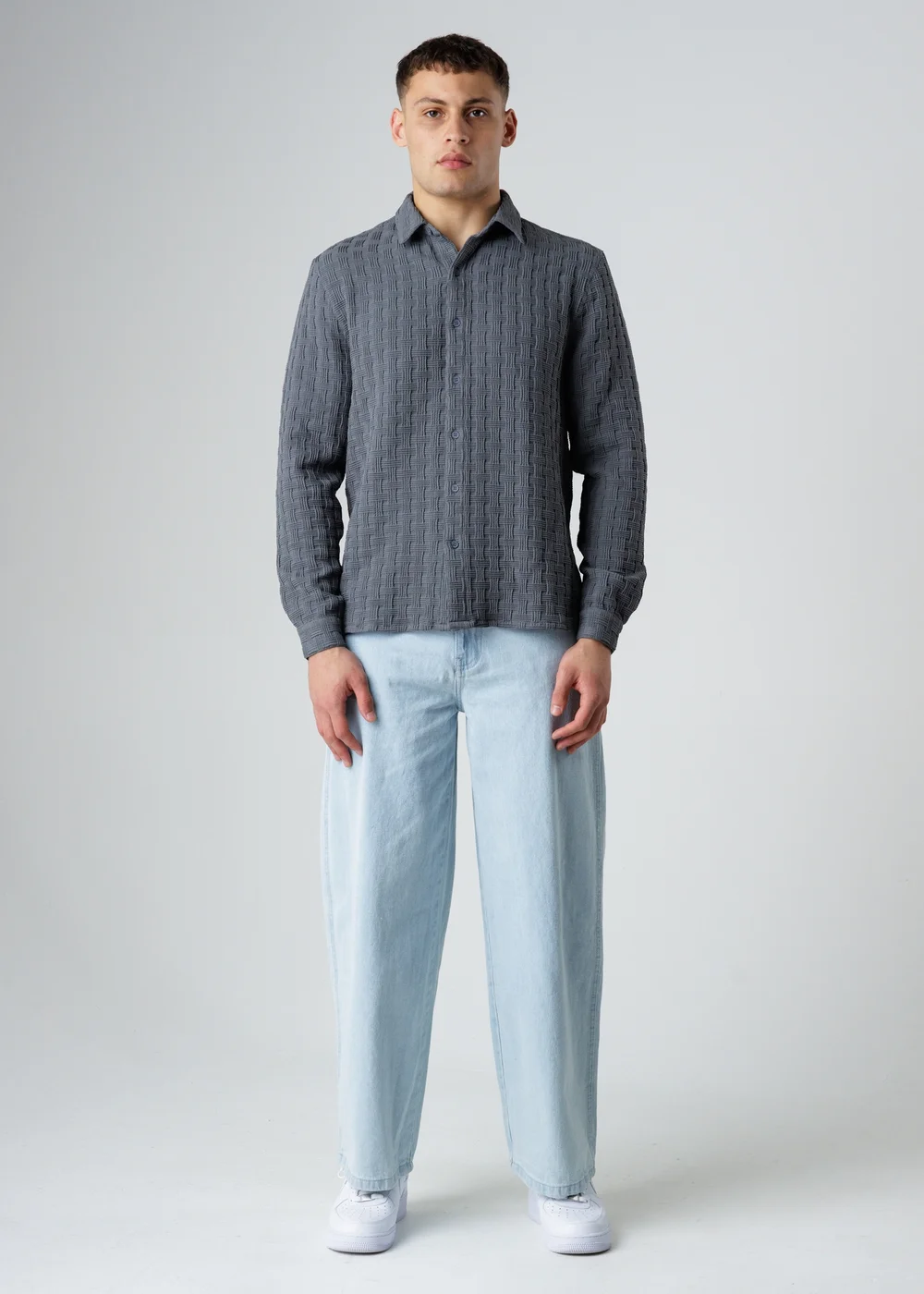 Influence Grey Textured Long Sleeve Button Shirt - S Image 4