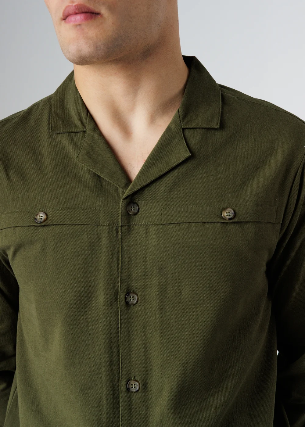 Influence Khaki Cotton Utilitarian-Style Revere Collar Long Sleeve Button Shirt - XL Image 3