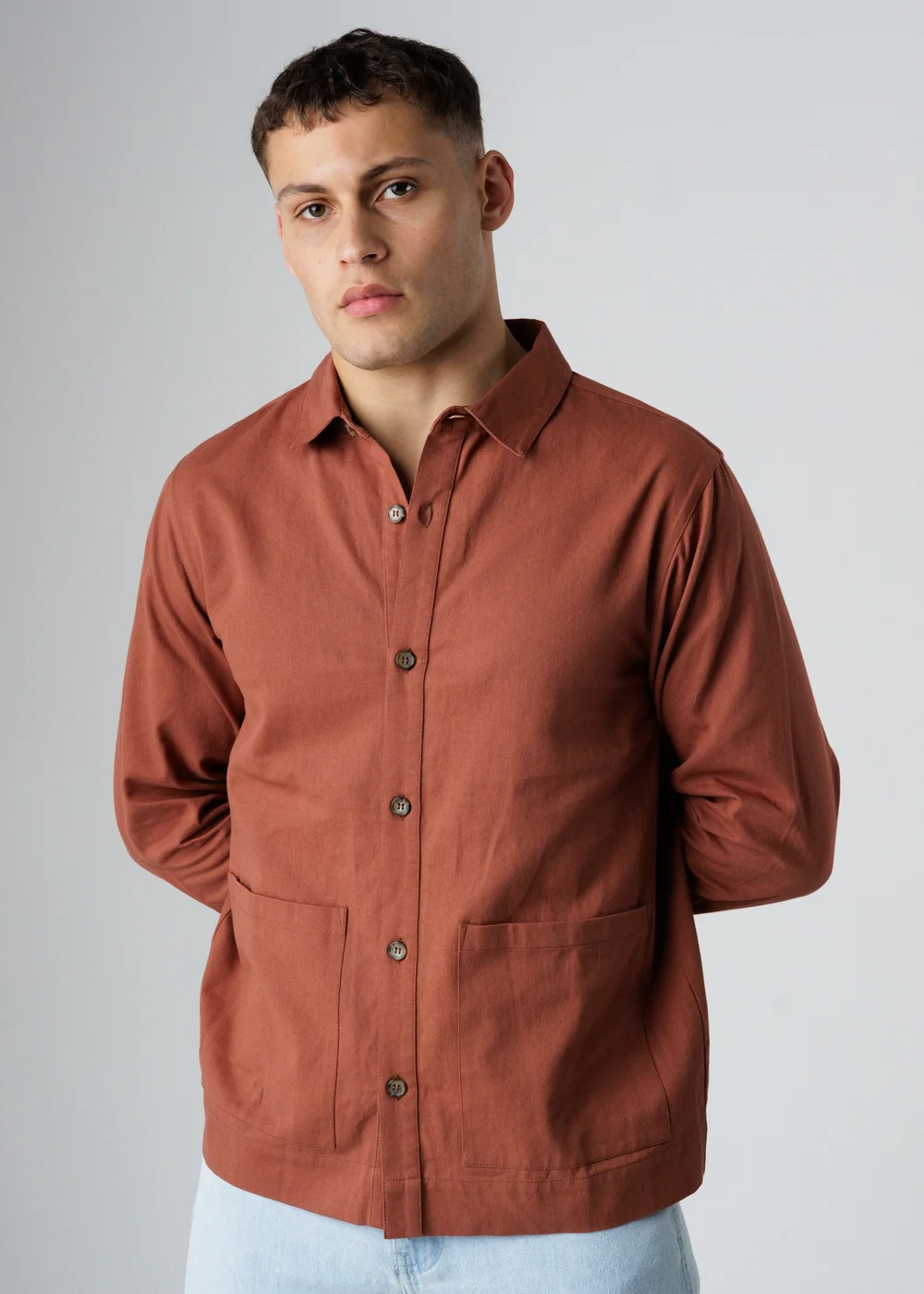 Influence Terracotta Cotton Utilitarian-Style Long Sleeve Button Overshirt - M Image 1