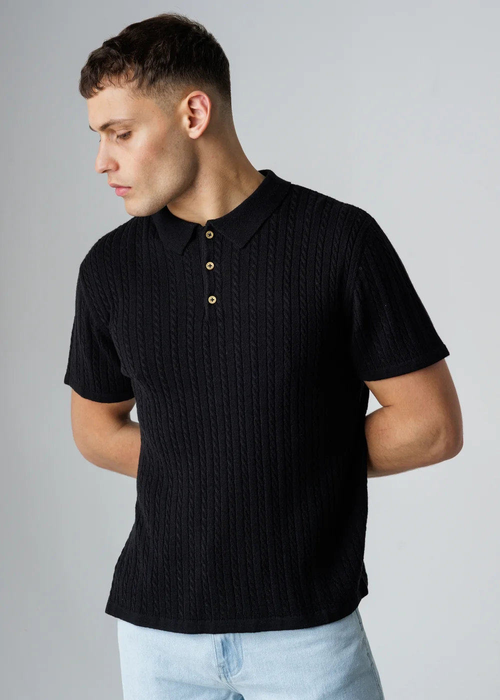 Influence Navy Cable Knit Short Sleeve Knit Polo Shirt - L Image 1