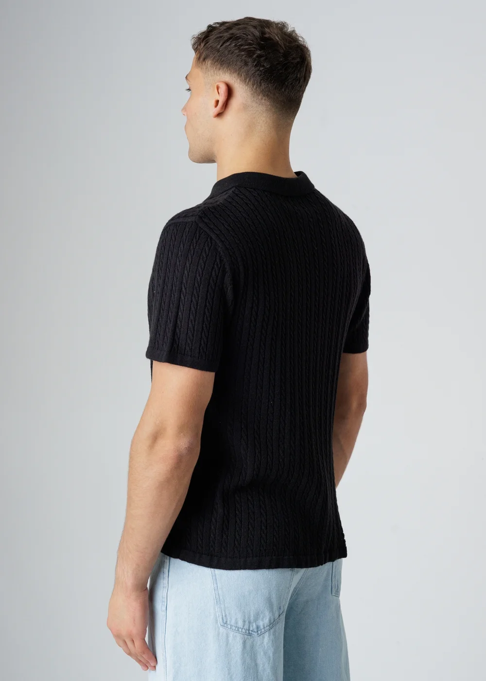Influence Navy Cable Knit Short Sleeve Knit Polo Shirt - L Image 2