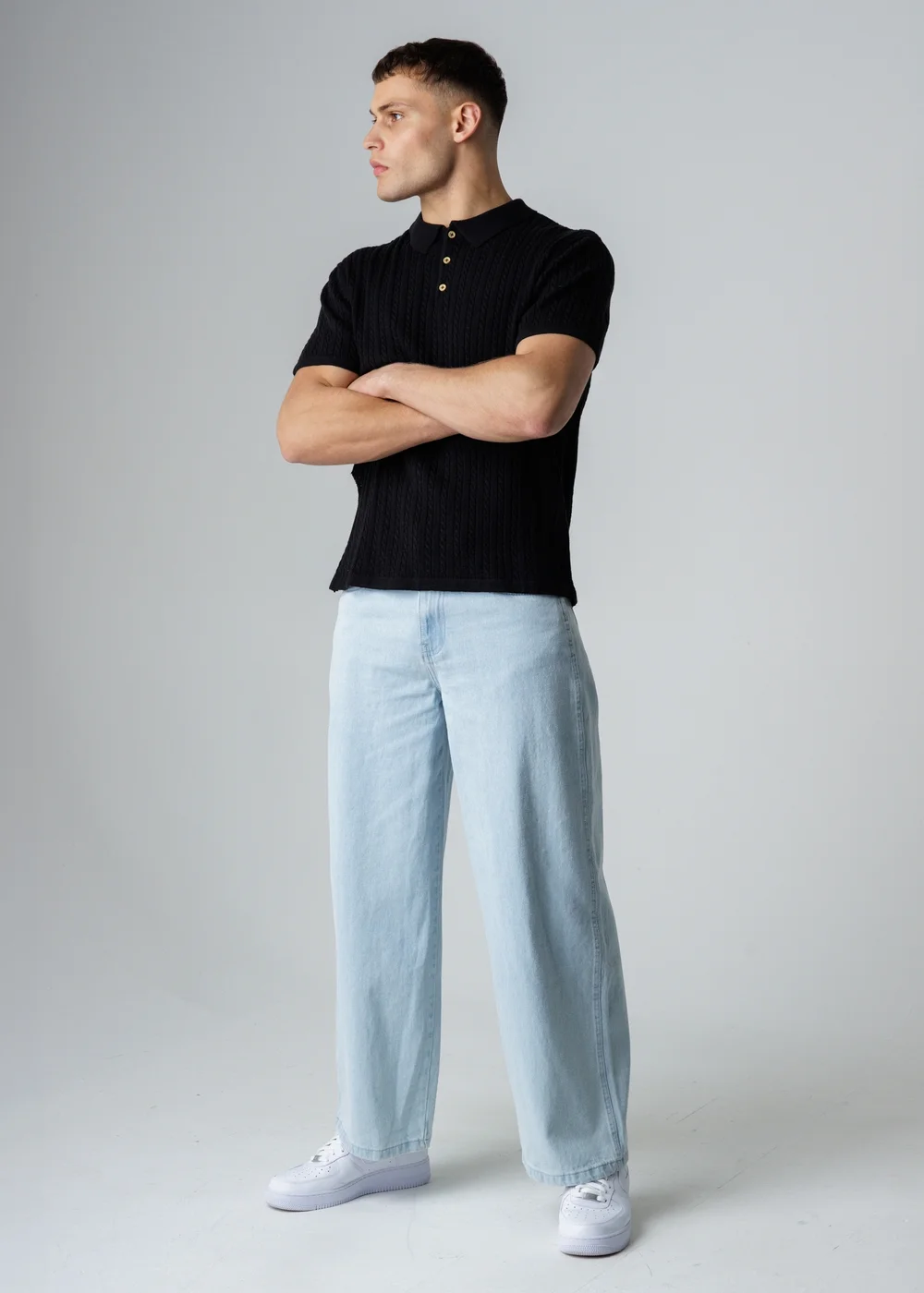 Influence Navy Cable Knit Short Sleeve Knit Polo Shirt - L Image 4