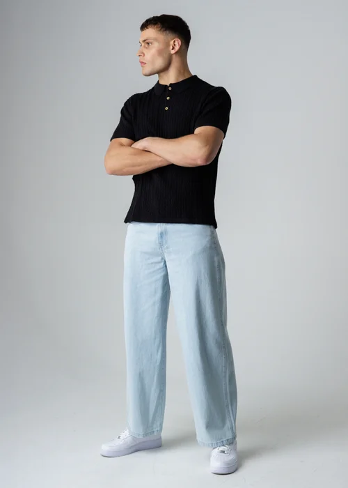 Influence Navy Cable Knit Short Sleeve Knit Polo Shirt - L Image 4