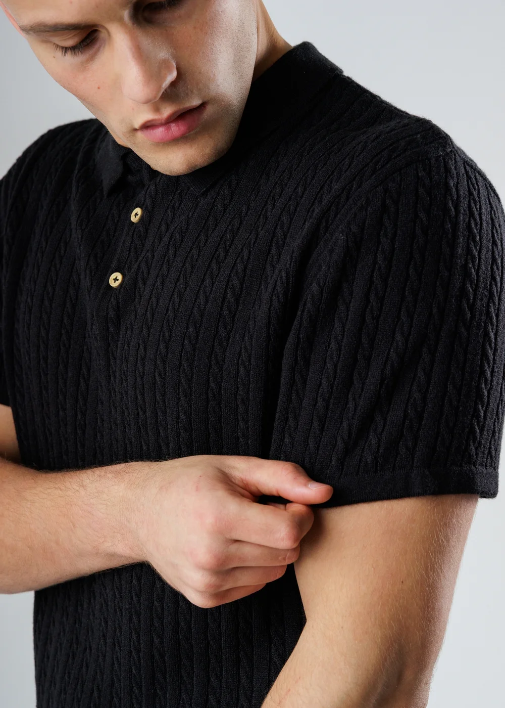 Influence Navy Cable Knit Short Sleeve Knit Polo Shirt - L Image 3