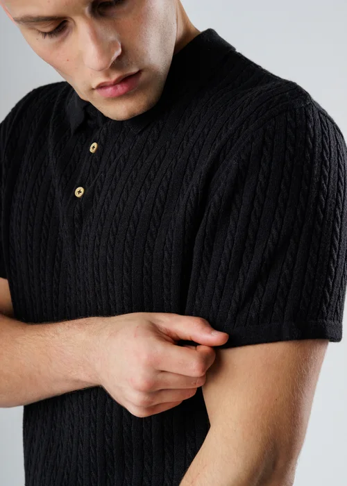 Influence Navy Cable Knit Short Sleeve Knit Polo Shirt - L Image 3