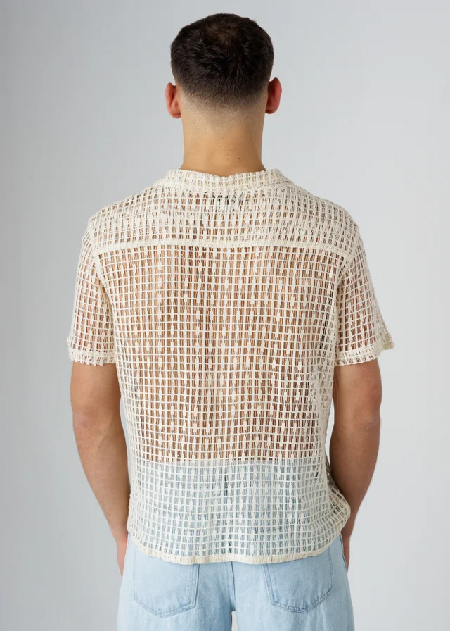 Influence Beige Cotton Blend Open-Knit Revere Collar Short Sleeve Button Shirt