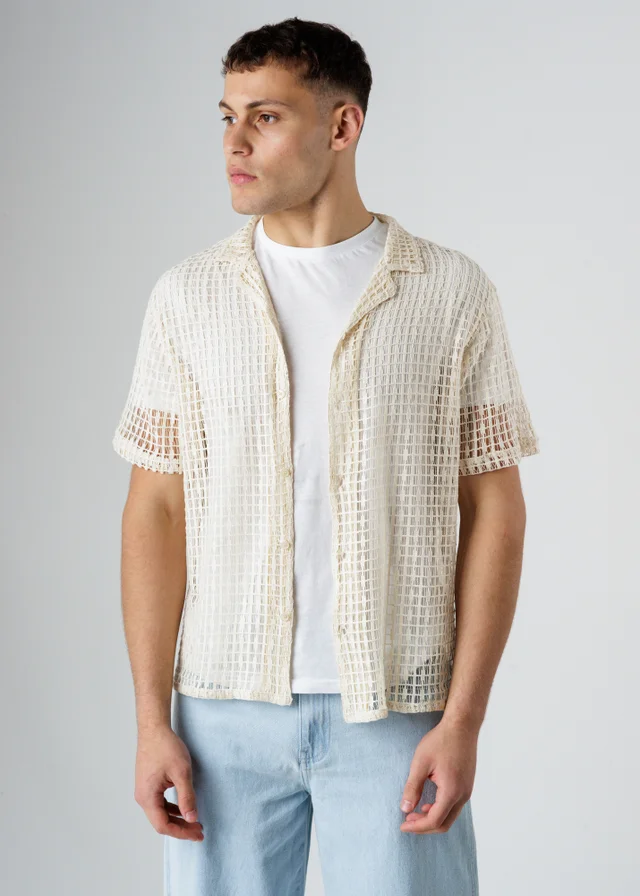 Influence Beige Cotton Blend Open-Knit Revere Collar Short Sleeve Button Shirt