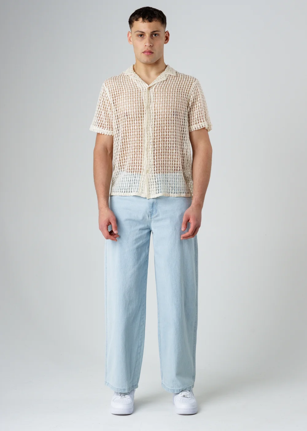 Influence Beige Cotton Blend Open-Knit Revere Collar Short Sleeve Button Shirt - L Image 4