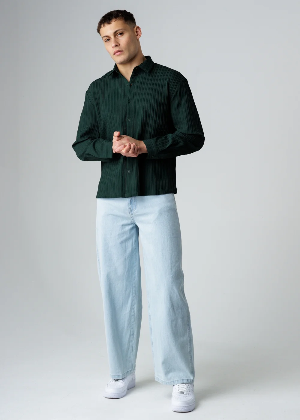 Influence Green Plisse Textured Long Sleeve Button Shirt - M Image 4