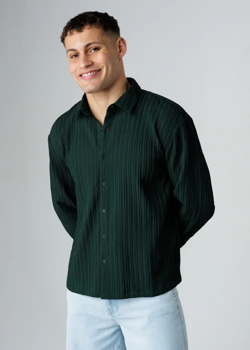 Influence Green Plisse Textured Long Sleeve Button Shirt - M Image 1