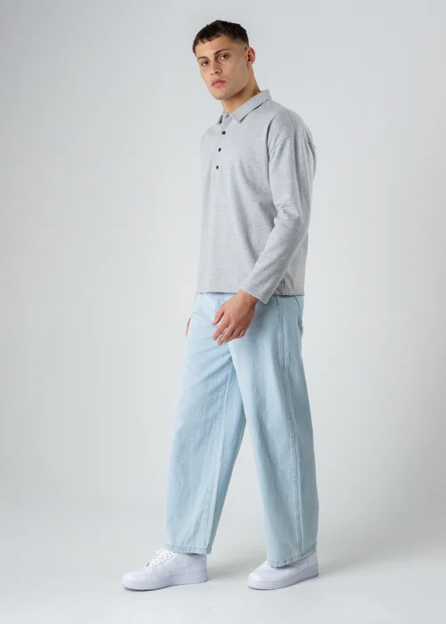 Influence Grey Cotton Blend Long Sleeve Button Sweat Polo Shirt - S Image 4