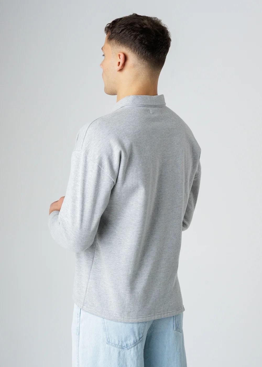 Influence Grey Cotton Blend Long Sleeve Button Sweat Polo Shirt - S Image 2