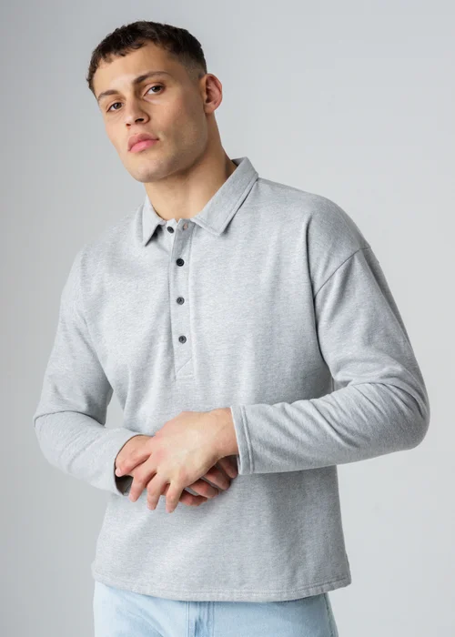 Influence Grey Cotton Blend Long Sleeve Button Sweat Polo Shirt - S Image 1