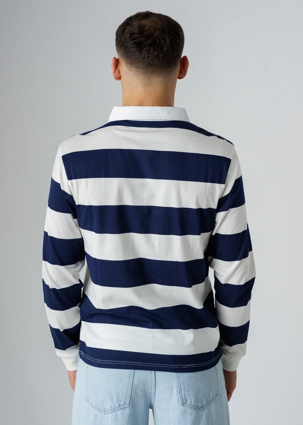 Influence Navy Cotton Stripe Rugby-Style Long Sleeve Button Polo Shirt - M Image 2