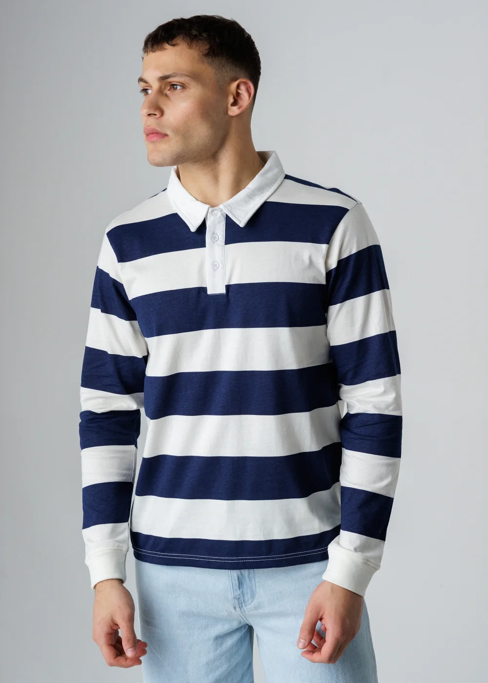 Influence Navy Cotton Stripe Rugby-Style Long Sleeve Button Polo Shirt - M Image 1