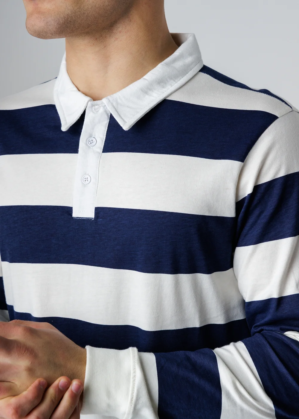 Influence Navy Cotton Stripe Rugby-Style Long Sleeve Button Polo Shirt - M Image 3