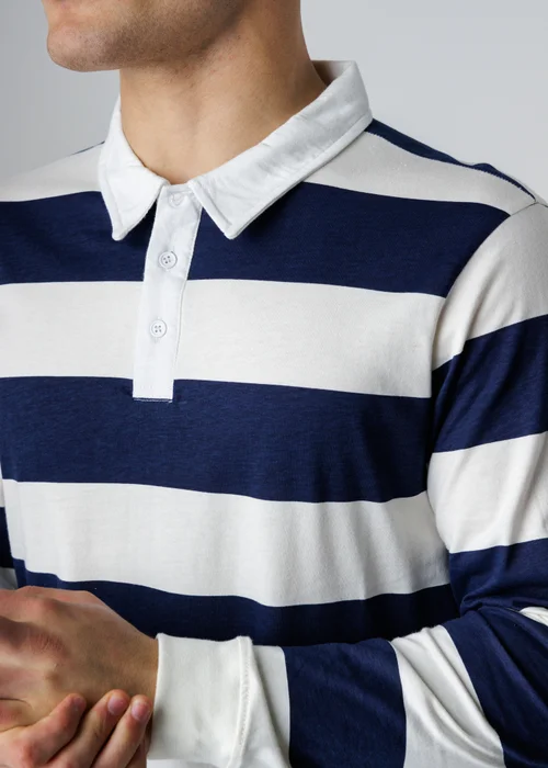 Influence Navy Cotton Stripe Rugby-Style Long Sleeve Button Polo Shirt - M Image 3
