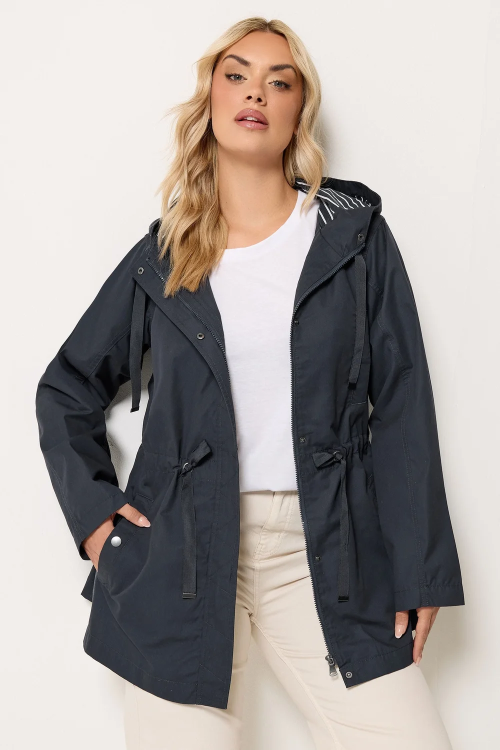 Yours Curve Navy Blue Stripe Lined Hooded Jacket - 20 Image 2
