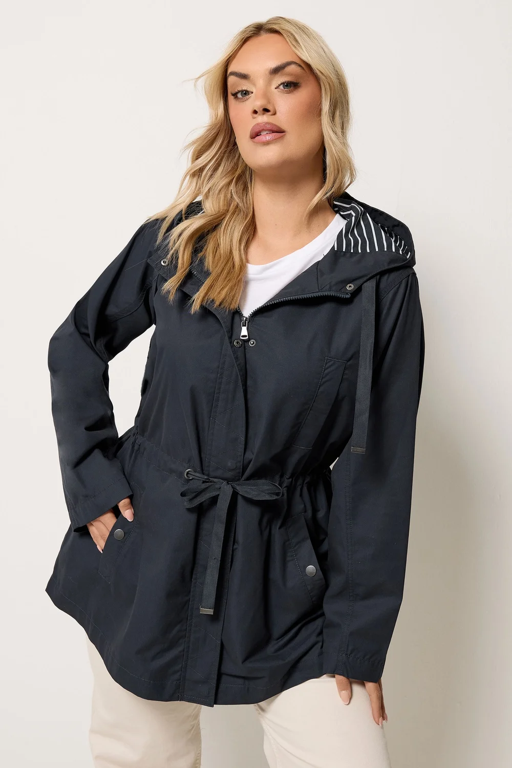 Yours Curve Navy Blue Stripe Lined Hooded Jacket - 20 Image 3
