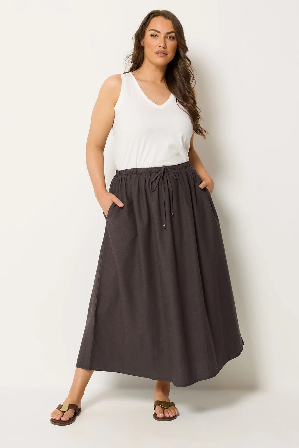 Yours Curve Chocolate Brown Linen Maxi Skirt - 16 Image 2