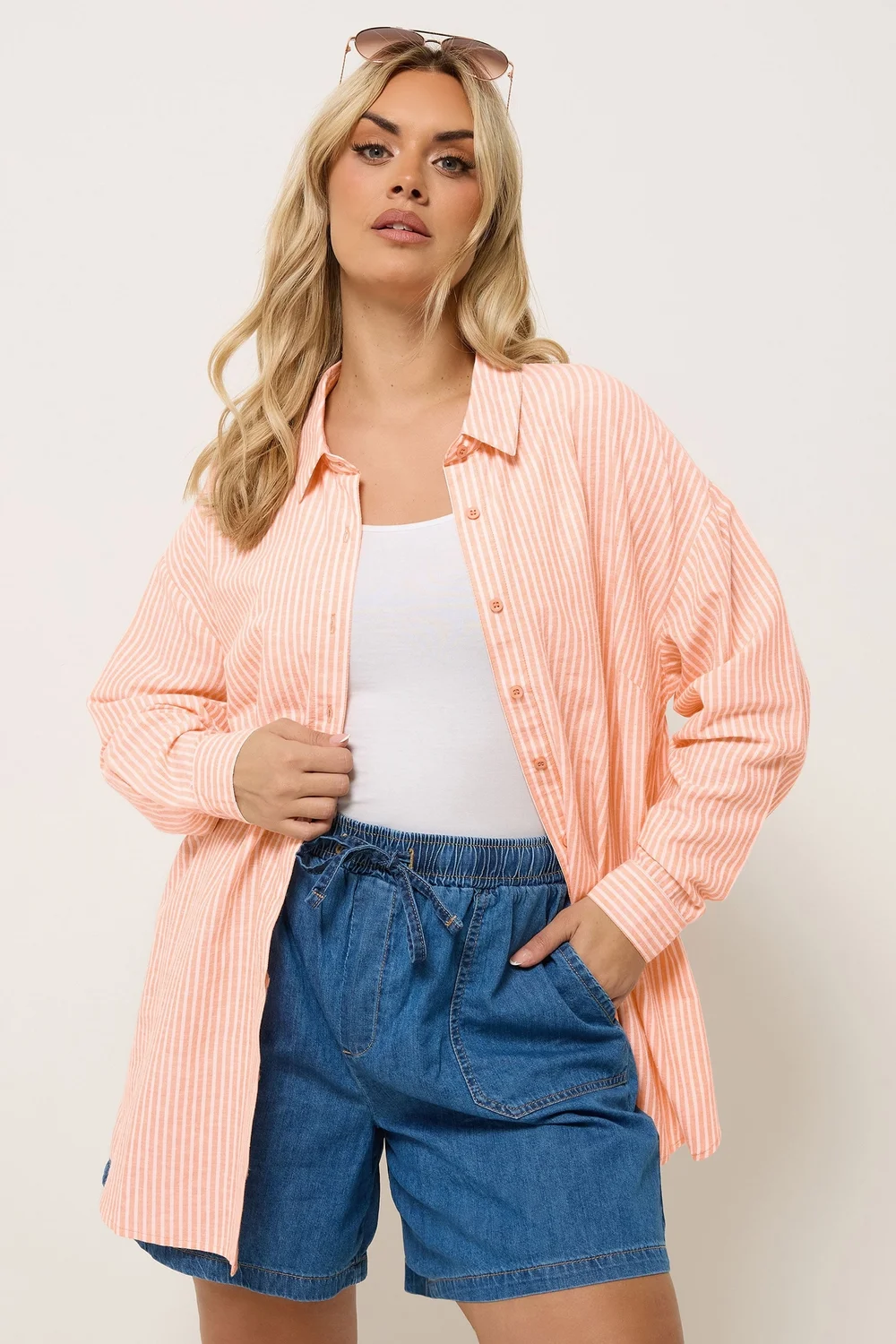 Yours Curve Orange Stripe Linen Shirt - 22-24 Image 2