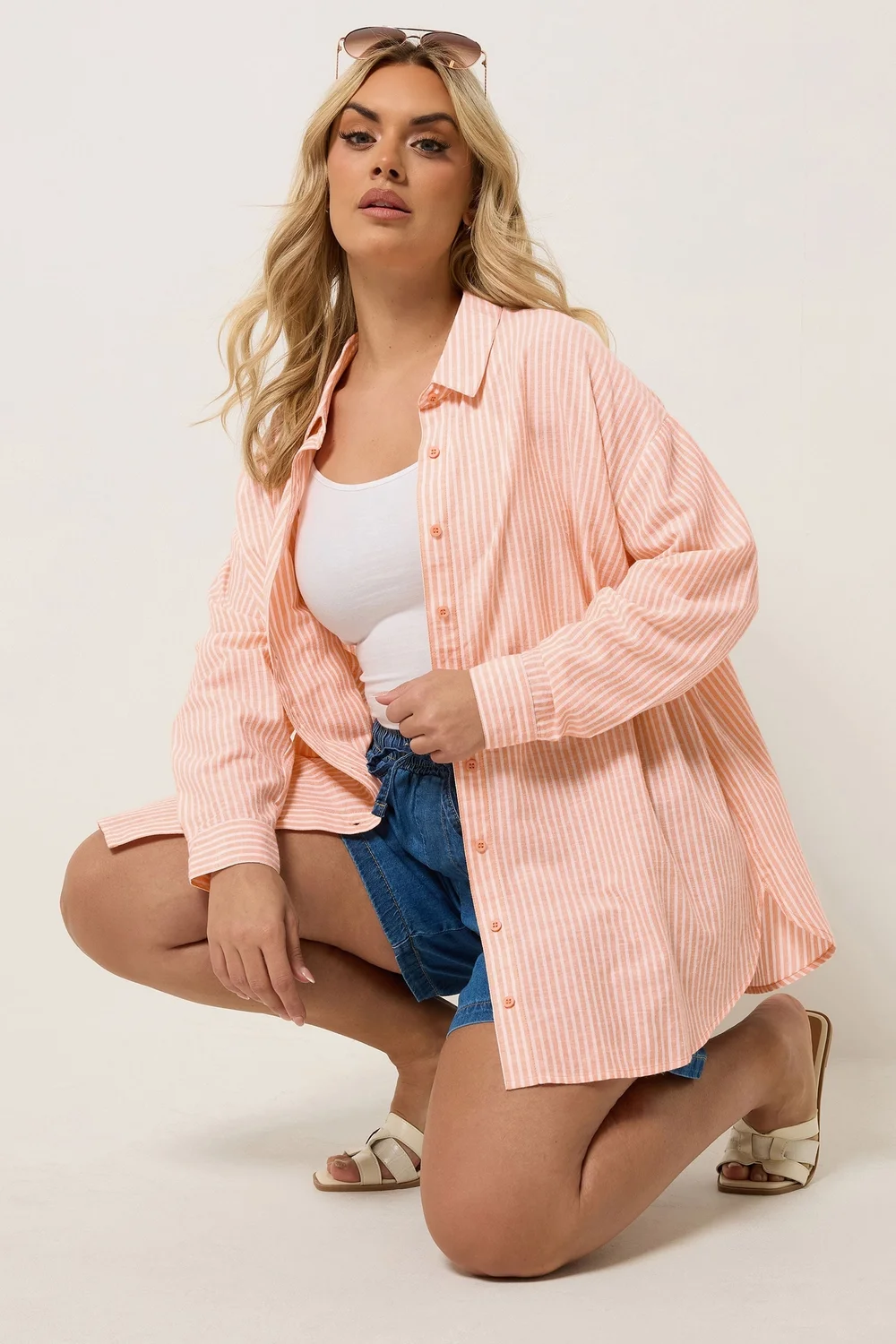 Yours Curve Orange Stripe Linen Shirt - 22-24 Image 1