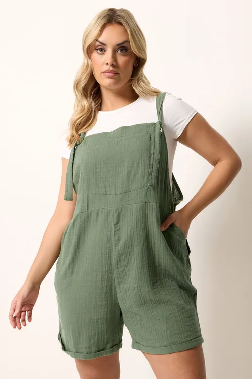 Yours Curve Khaki Green Short Dungarees - 24 Image 1