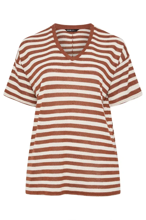 Yours Curve Rust Orange & Ivory White Stripe Knitted T-Shirt - 18 Image 2