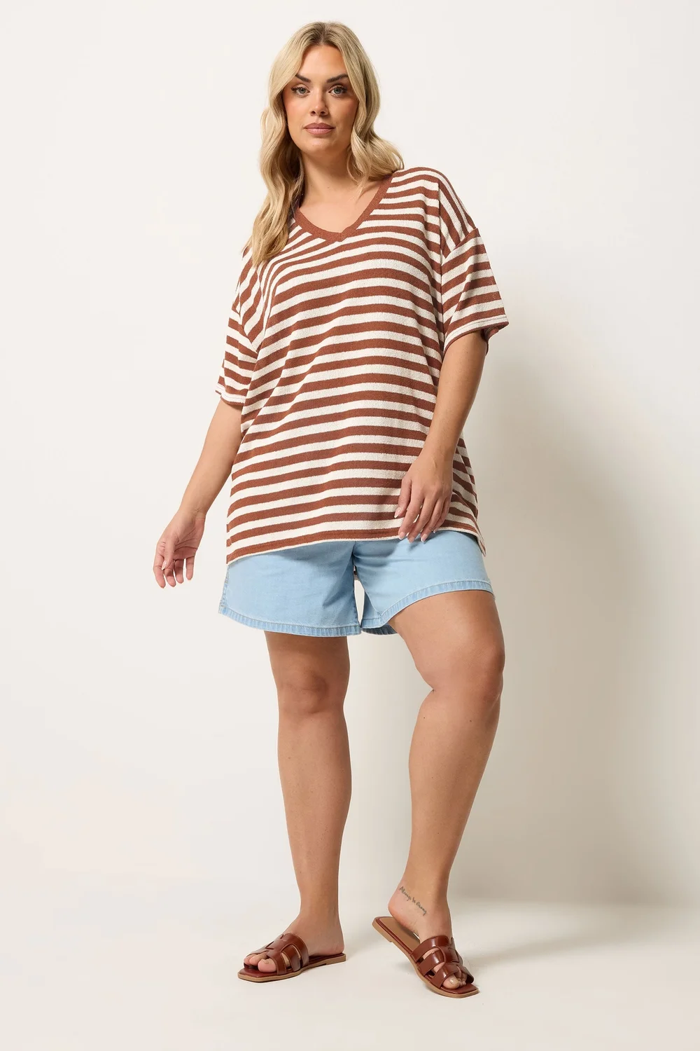 Yours Curve Rust Orange & Ivory White Stripe Knitted T-Shirt - 18 Image 3