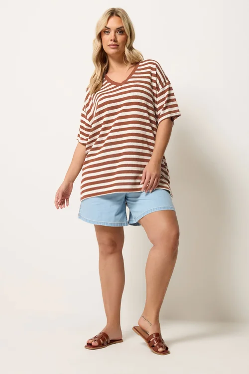 Yours Curve Rust Orange & Ivory White Stripe Knitted T-Shirt - 18 Image 3