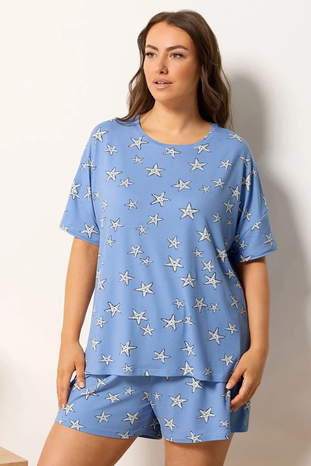 Yours Curve Blue Starfish Soft Touch Pyjama Set - 22-24 Image 1