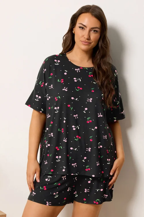 Yours Curve Black Cherry & Bows Short Pyjama Set - 34-36 Image 1