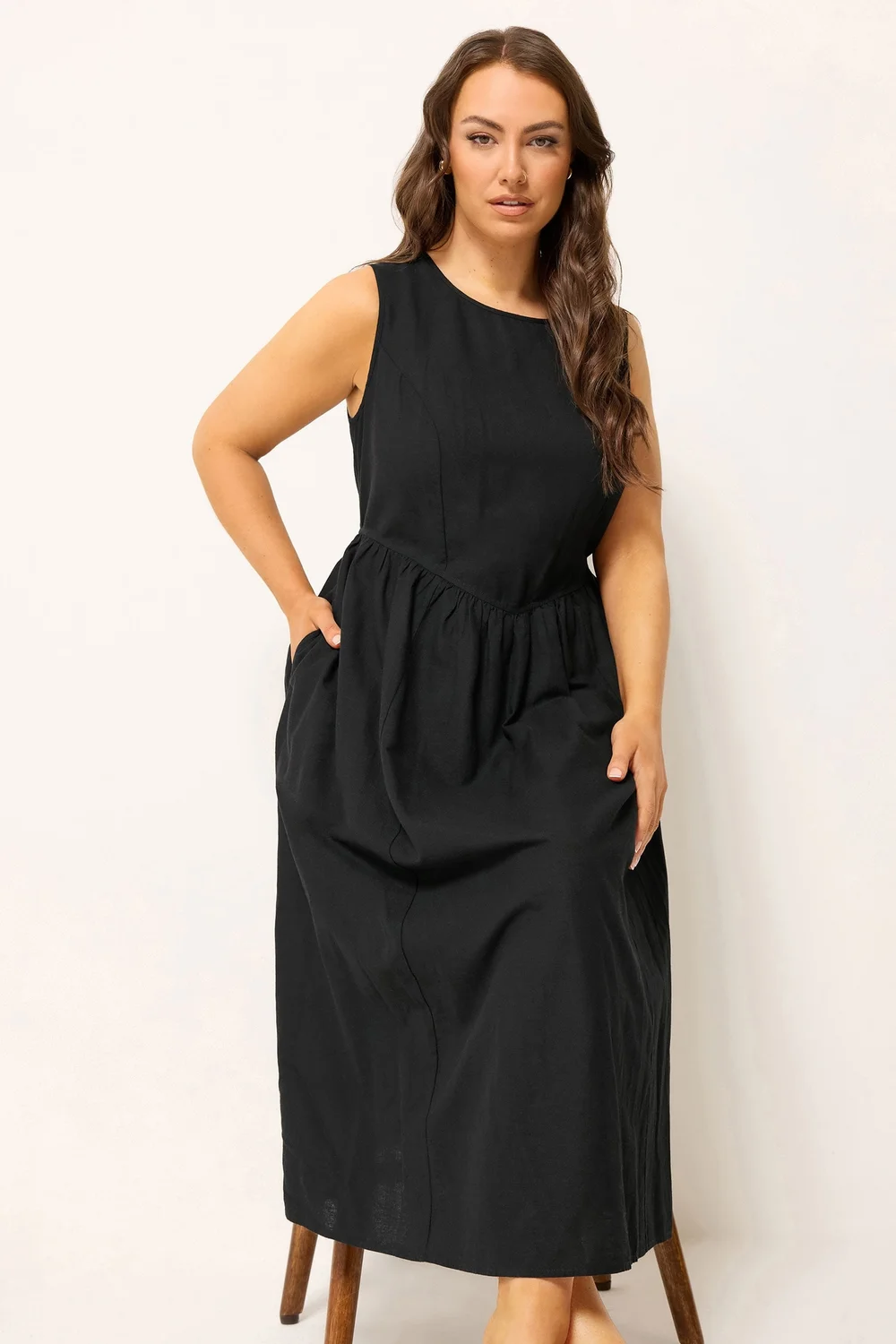 Yours Curve Black Linen Midi Dress - 34-36 Image 2
