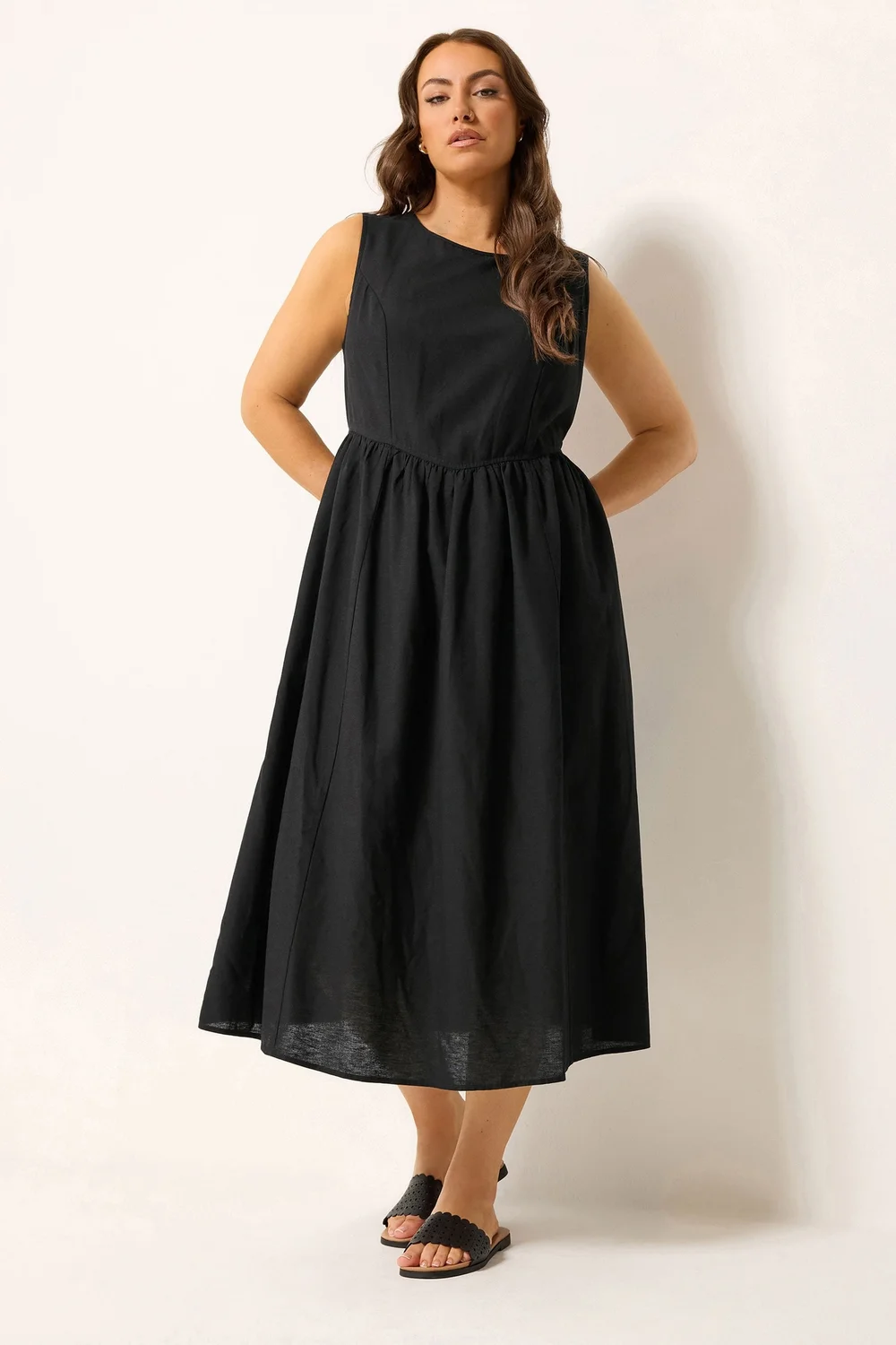 Yours Curve Black Linen Midi Dress - 34-36 Image 1