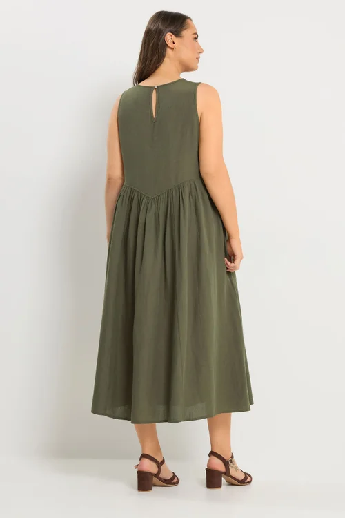 Yours Curve Khaki Green Sleeveless Linen Midi Dress - 18 Image 4