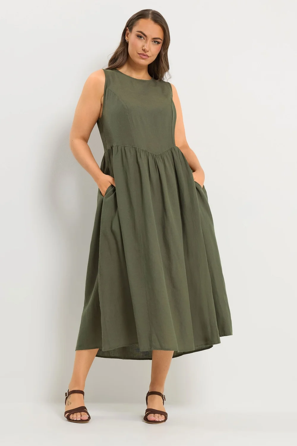 Yours Curve Khaki Green Sleeveless Linen Midi Dress - 18 Image 3