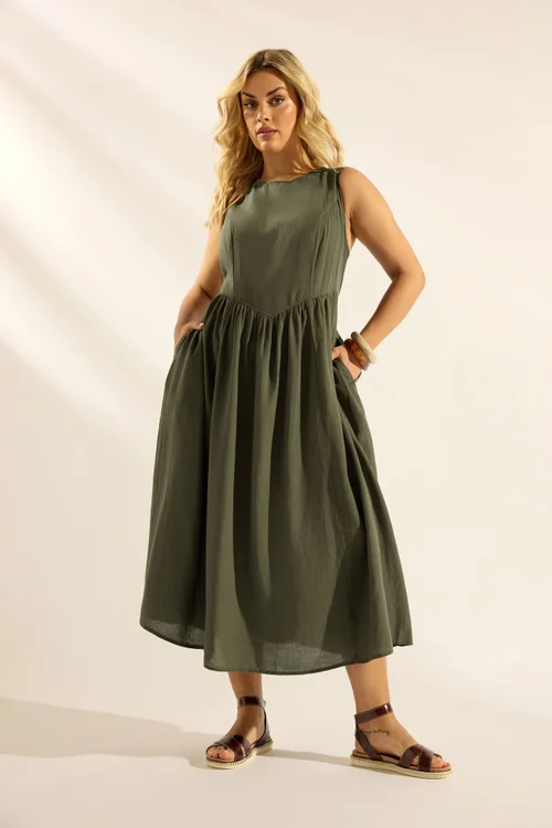 Yours Curve Khaki Green Sleeveless Linen Midi Dress - 18 Image 1